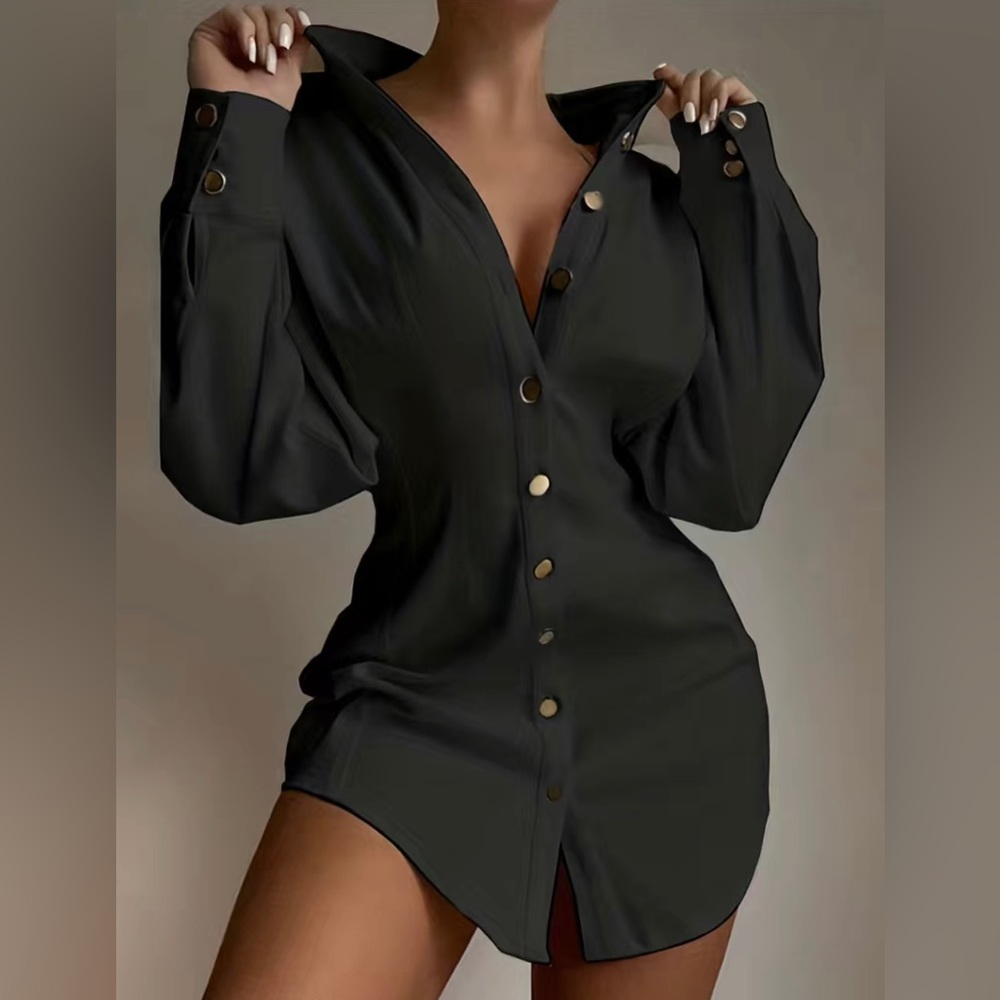 Plus Size Elegant Blouse Solid Long Sleeve Turn D… - image 1
